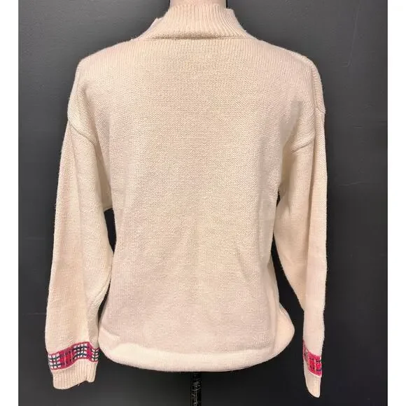 women's SM vintage floral intarsia mock neck sweater plaid off white pink purple - Picture 3 of 8